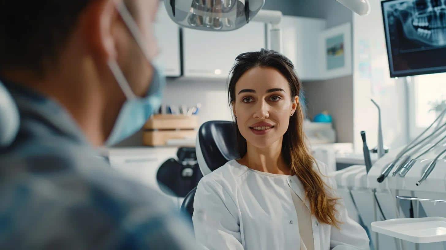 a focused dental consultation scene captures a concerned patient seated in a modern dental office, discussing fit issues with a knowledgeable dentist, highlighting the challenges of adapting to new dentures through vivid expressions and innovative dental tools in the background.