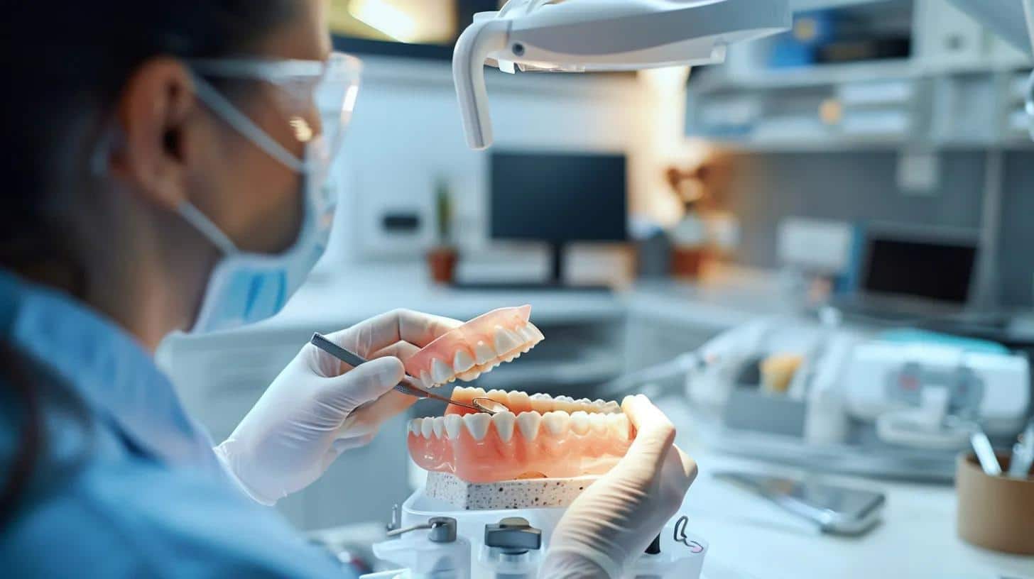 a focused dental office scene features a dentist carefully examining a set of dentures on a sleek workstation, highlighting the essential importance of timely denture repair and relining for patient comfort and health.