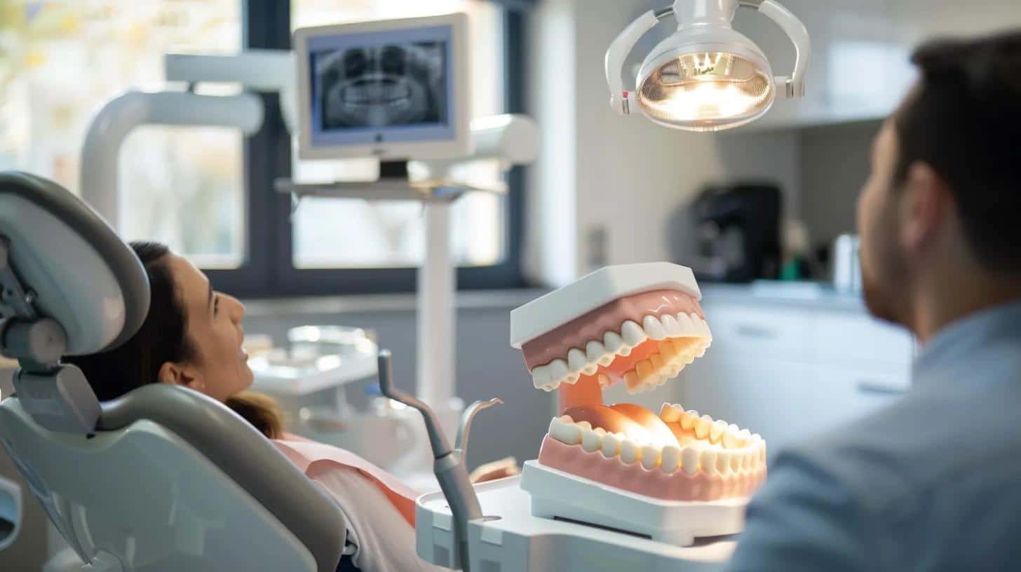 a focused, high-angle view of a modern dental consultation room, showcasing a patient in a sleek dental chair, expressing concern as a dentist inspects a detailed model of dentures, highlighting the importance of proper fitting and adjustments.