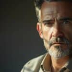 a focused, intense portrait of a distinguished male actor in a modern office, subtly conveying the struggle of a speech impediment through his expressive eyes and slightly parted lips, illuminated by soft, dramatic lighting.