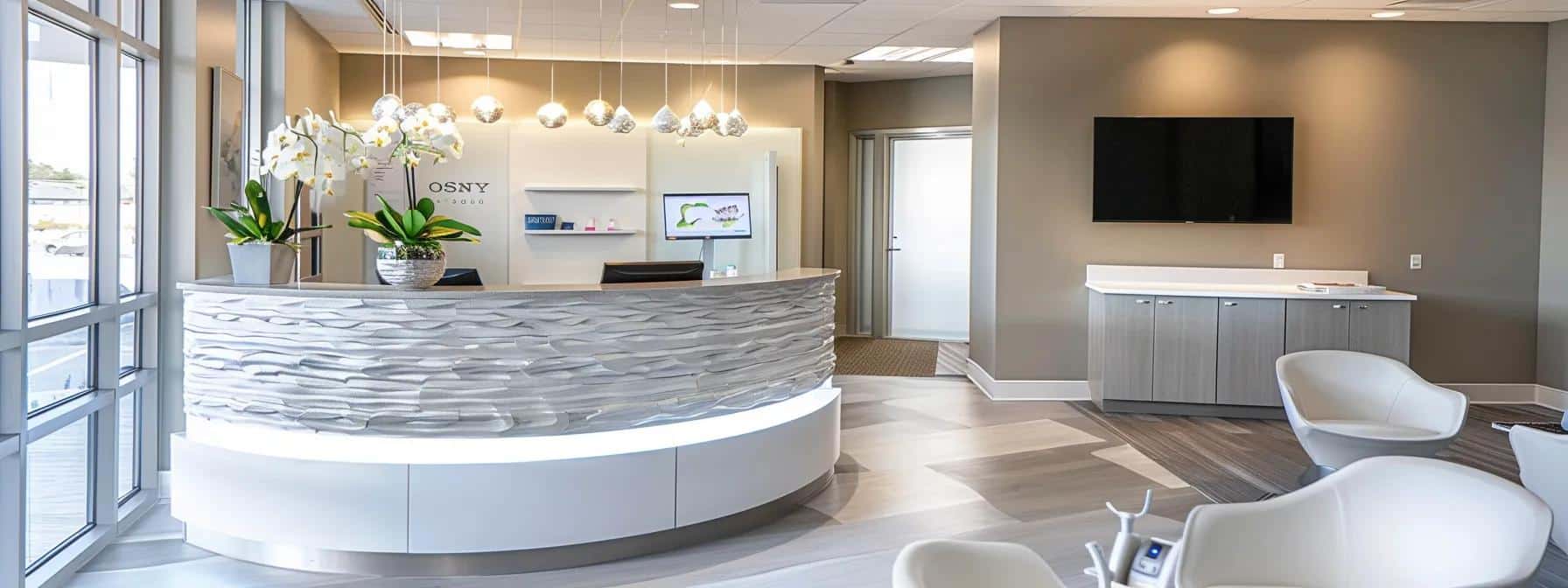 a focused view of a modern dental office reception area, featuring a welcoming atmosphere with sleek furniture, bright lighting, and a digital display showcasing positive patient reviews, capturing the essence of seeking affordable urgent dental care.