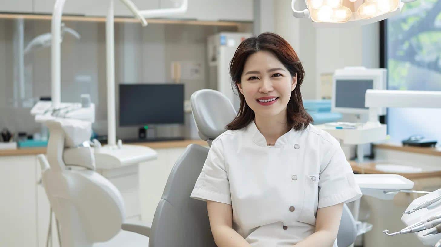 a modern dental clinic in an urban setting, featuring a confident middle-aged patient smiling while sitting in a sleek dental chair, surrounded by advanced dental equipment that emphasizes the importance of dental care and the growing reliance on dentures in contemporary korean society.
