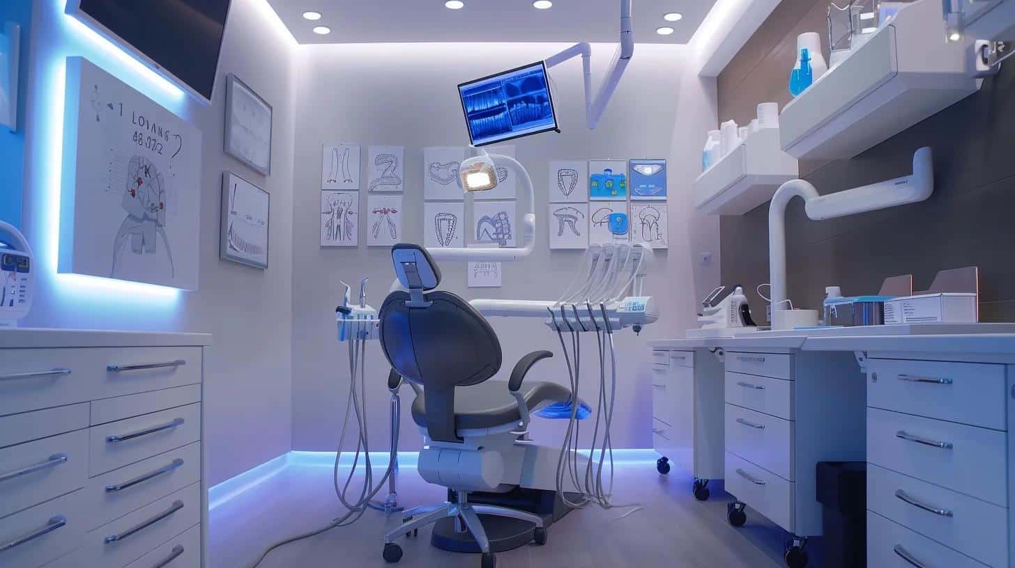 a modern dental clinic interior showcases a confident patient smiling brightly in the foreground, highlighting the seamless integration of advanced dental implants and cutting-edge technology in a sleek, clean environment.