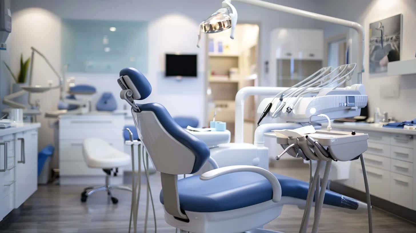 a modern dental clinic interior showcases a focused dentist examining a high-tech dental mold while surrounded by plush chairs and state-of-the-art equipment, capturing the detailed precision and care involved in the partial denture creation process.