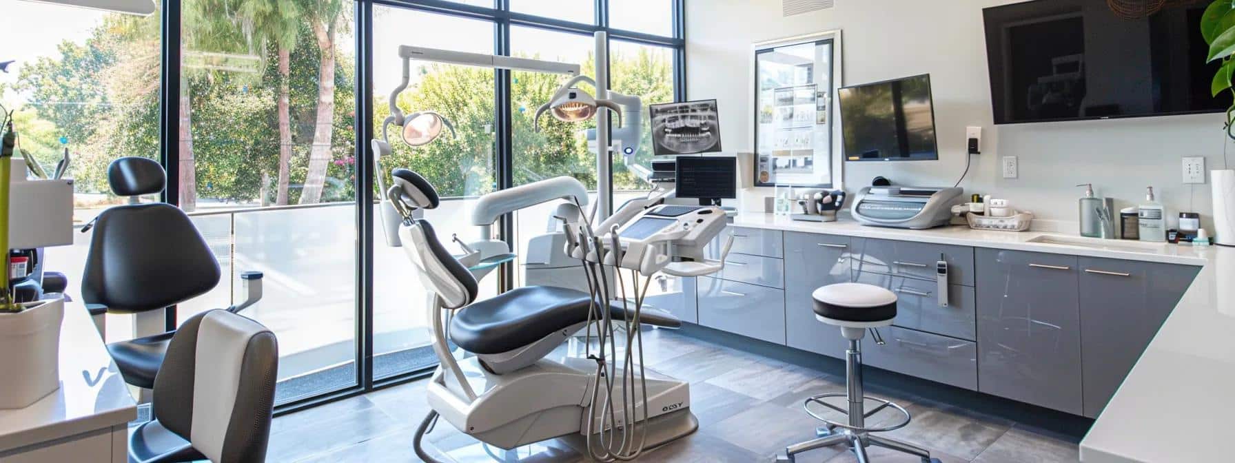 a modern dental clinic interior showcases an advanced treatment room where a confident patient engages with a knowledgeable professional, highlighting the emphasis on personalized care and cutting-edge technology in dental implants and dentures.