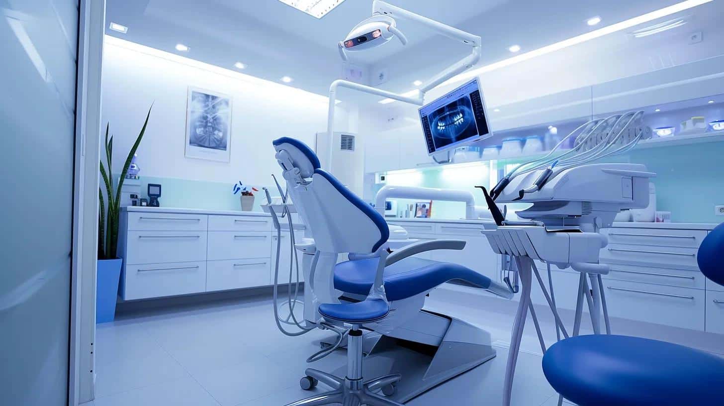 a modern dental clinic interior, featuring a sleek dental chair with advanced imaging equipment nearby, illuminated by soft, focused lighting to emphasize the professional environment addressing potential complications of dental implants.