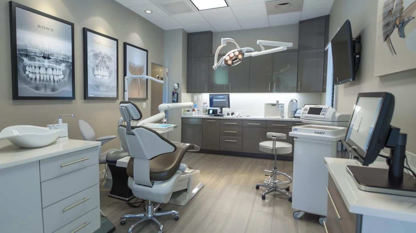 a modern dental clinic in lake worth showcases a sleek consultation area where a smiling patient discusses their options for full and partial dentures with a knowledgeable dentist, highlighting the blend of advanced dental technology and patient care.