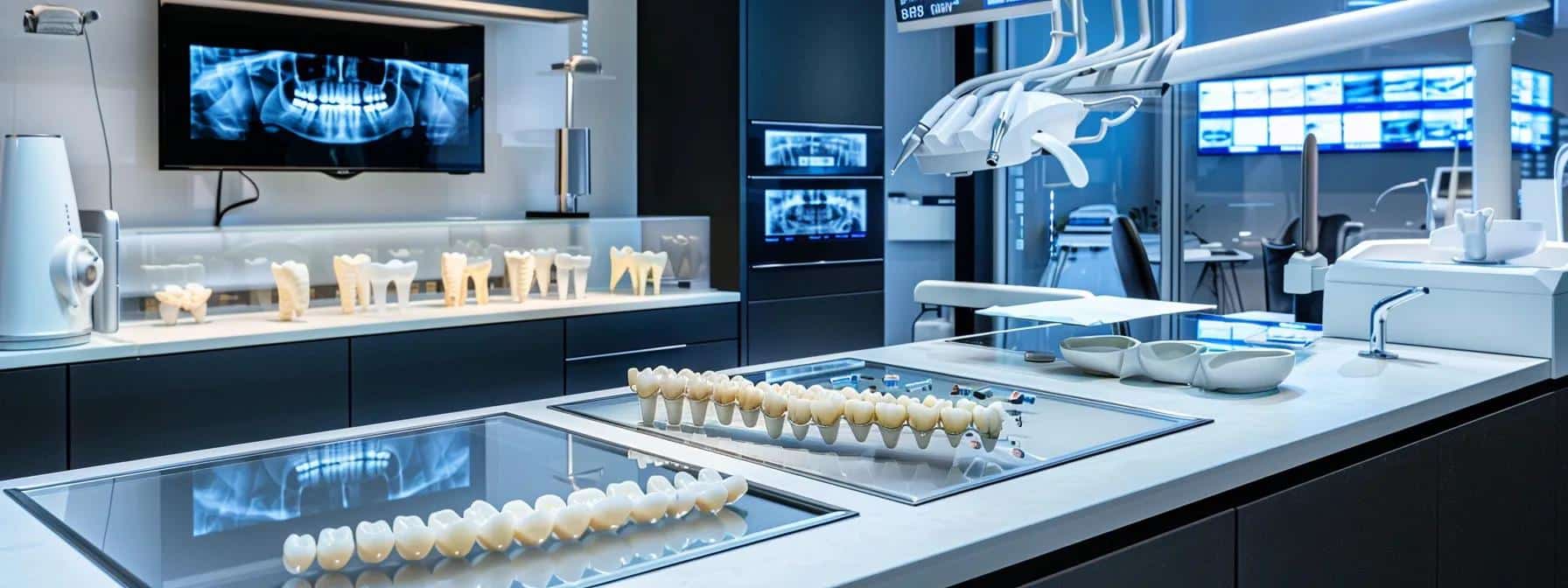 a modern dental clinic, featuring a sleek examination room with an array of dental implants displayed on a polished countertop and full dentures prominently showcased in a luminous case, emphasizing the advanced treatment options available for restoring smiles.