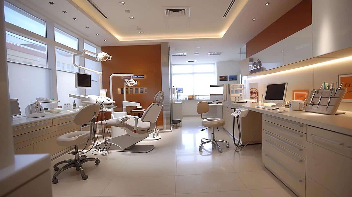 a modern dental clinic interior features a pristine, well-organized workspace with an array of denture maintenance tools displayed on a sleek countertop, emphasizing the importance of regular cleaning and professional care for optimal comfort and longevity.