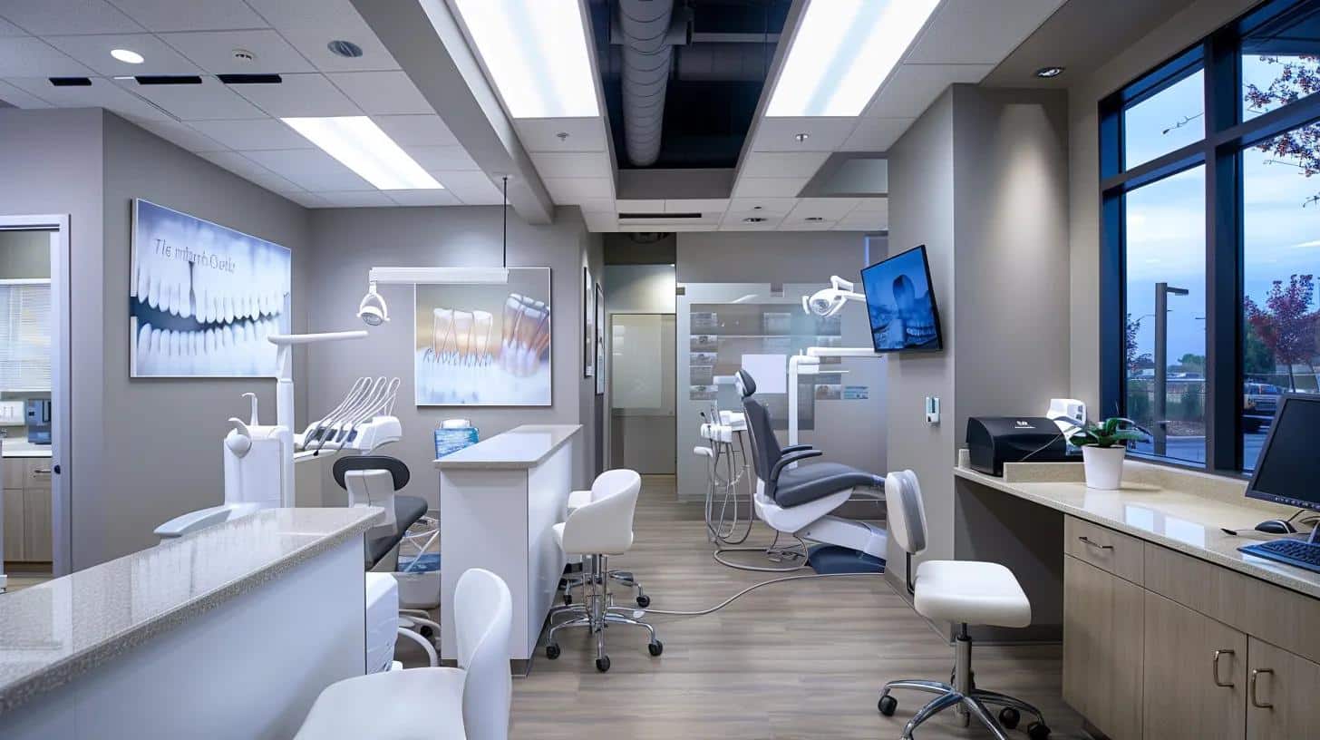 a modern dental clinic is depicted with a dentist discussing the benefits of partial dentures with a patient, showcasing a clear display of various tooth replacement options like implants and bridges on a sleek countertop, illuminated by bright overhead lights.