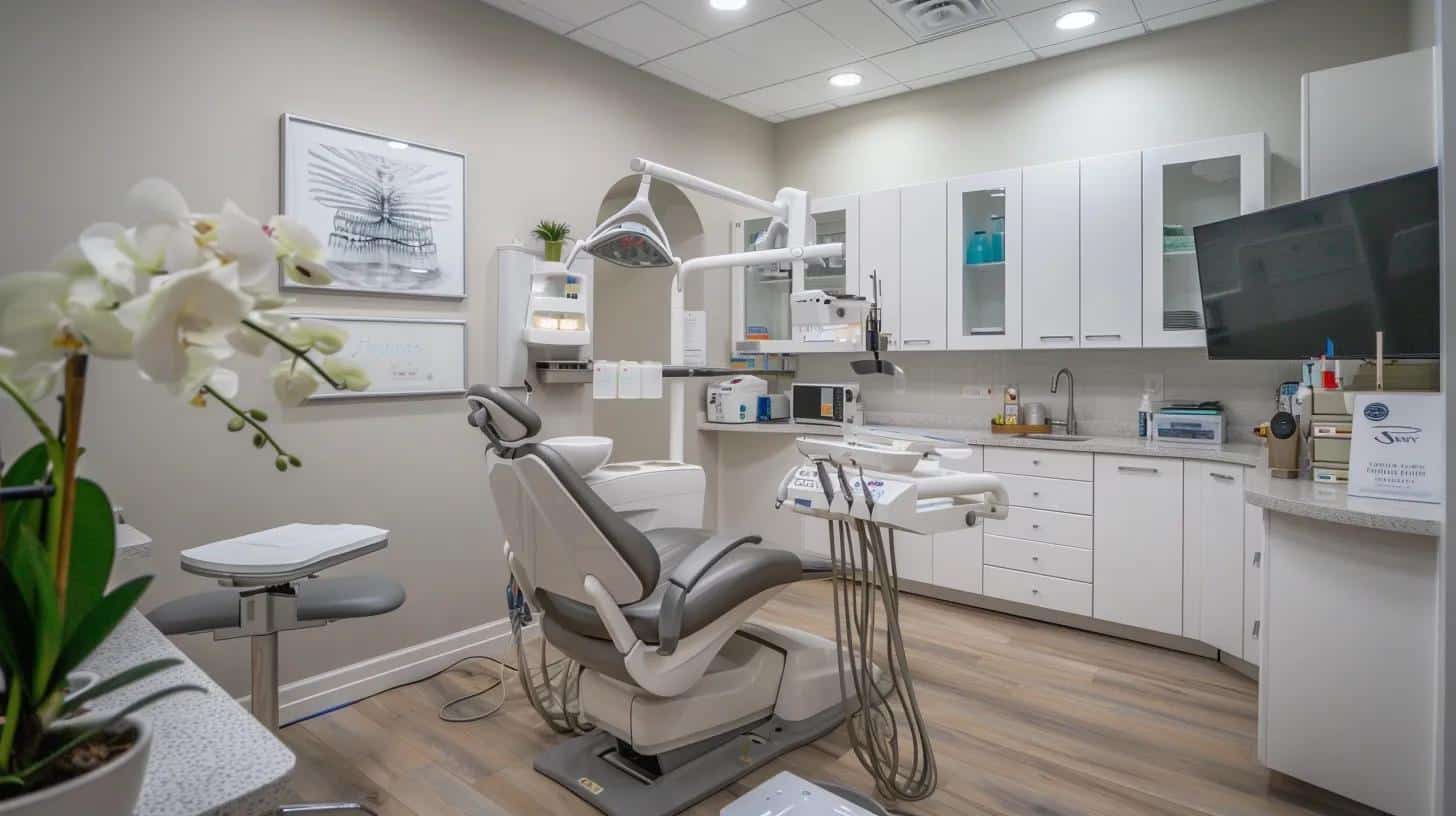 a modern dental clinic in lake worth is brightly lit, showcasing a sleek dental chair with high-tech equipment and an engaging dental professional discussing care tips for dental implants with a patient, emphasizing a warm and professional atmosphere for long-term success.