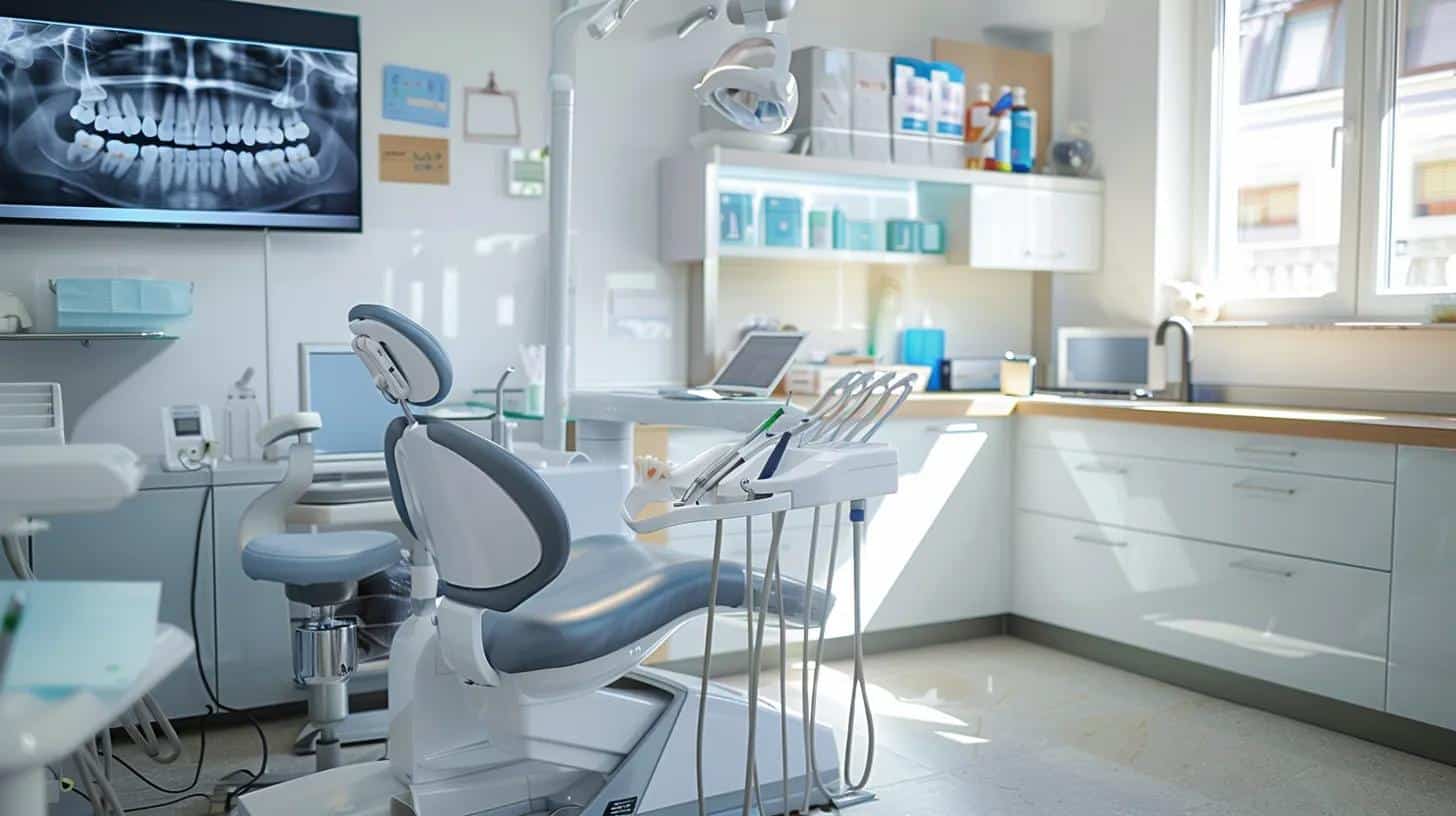 a modern dental clinic showcases a pristine dental workstation with gleaming dentures positioned on a clear display, emphasizing the importance of meticulous care for clear speech and oral health.