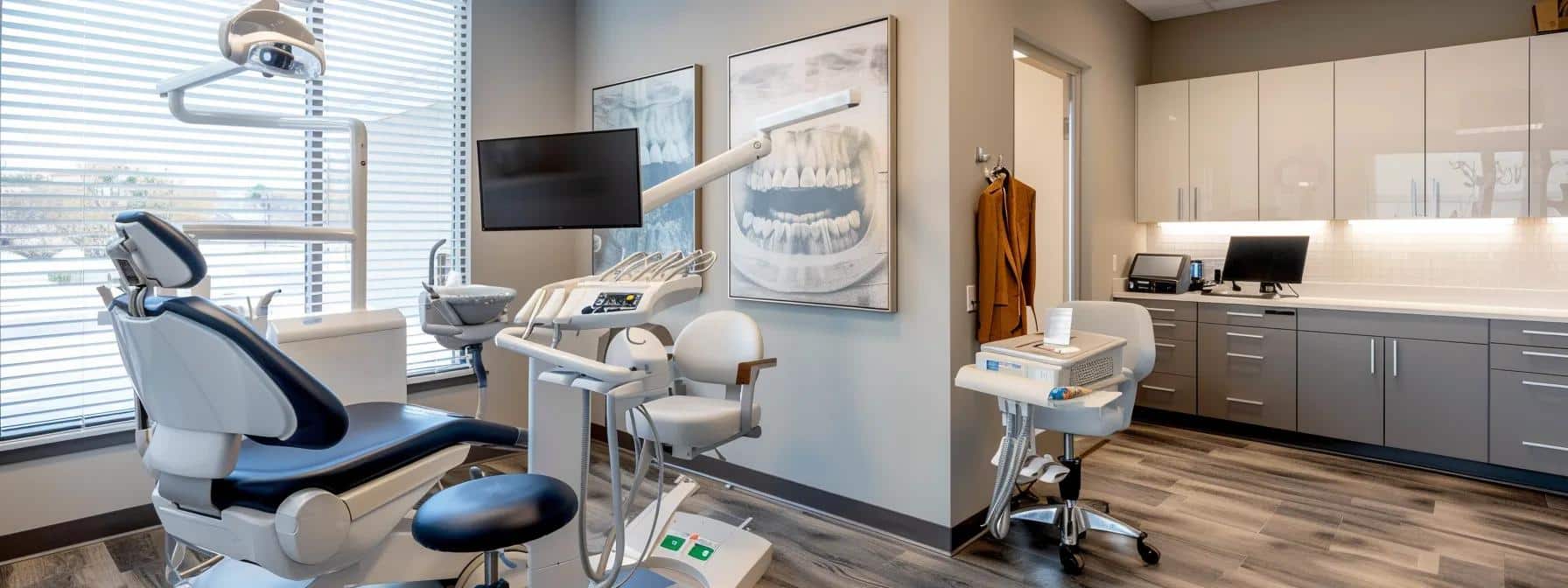 a modern dental clinic in denton showcases a sleek, high-tech treatment room where a confident patient receives a dental implant consultation, highlighted by advanced equipment and a comfortable, professional ambiance.