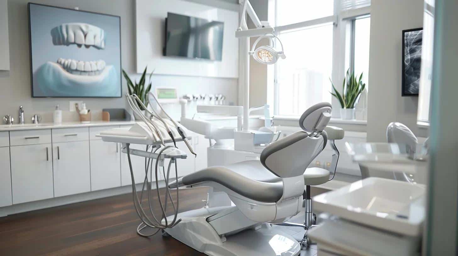 a modern dental clinic interior features a confident patient discussing personalized dental implant solutions with a professional dentist, showcasing sophisticated equipment and a clean, inviting atmosphere.