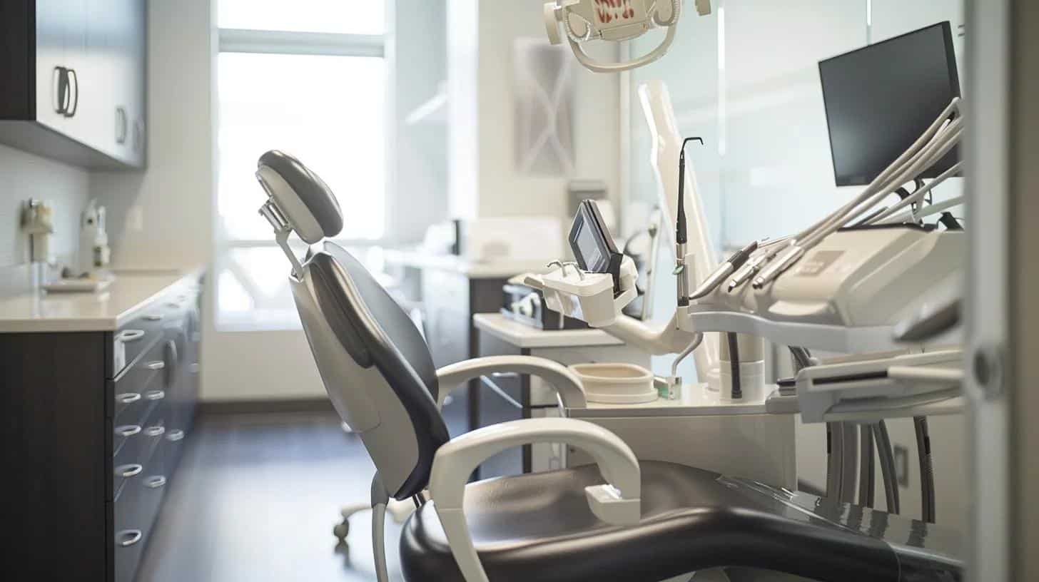 a modern dental clinic interior showcases a patient sitting in a sleek examination chair, visibly relaxed while using a compact mirror to inspect their denture, surrounded by professional dental tools and warm, inviting lighting that emphasizes comfort and care.