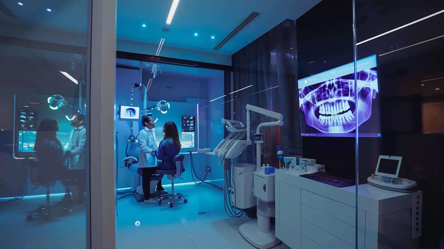 a modern dental clinic showcases a sleek, state-of-the-art workstation with a dentist interacting with a patient, surrounded by high-tech equipment and digital screens, emphasizing the innovative design and comfort of ultra-thin dentures.