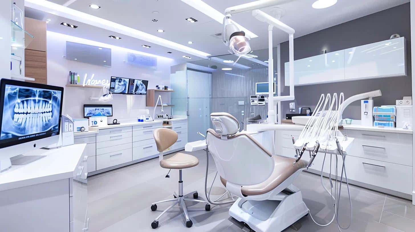 a modern dental clinic interior featuring an array of sleek, advanced denture options displayed prominently, with a professional dentist consulting a patient amidst high-tech equipment and a clean, sophisticated design.