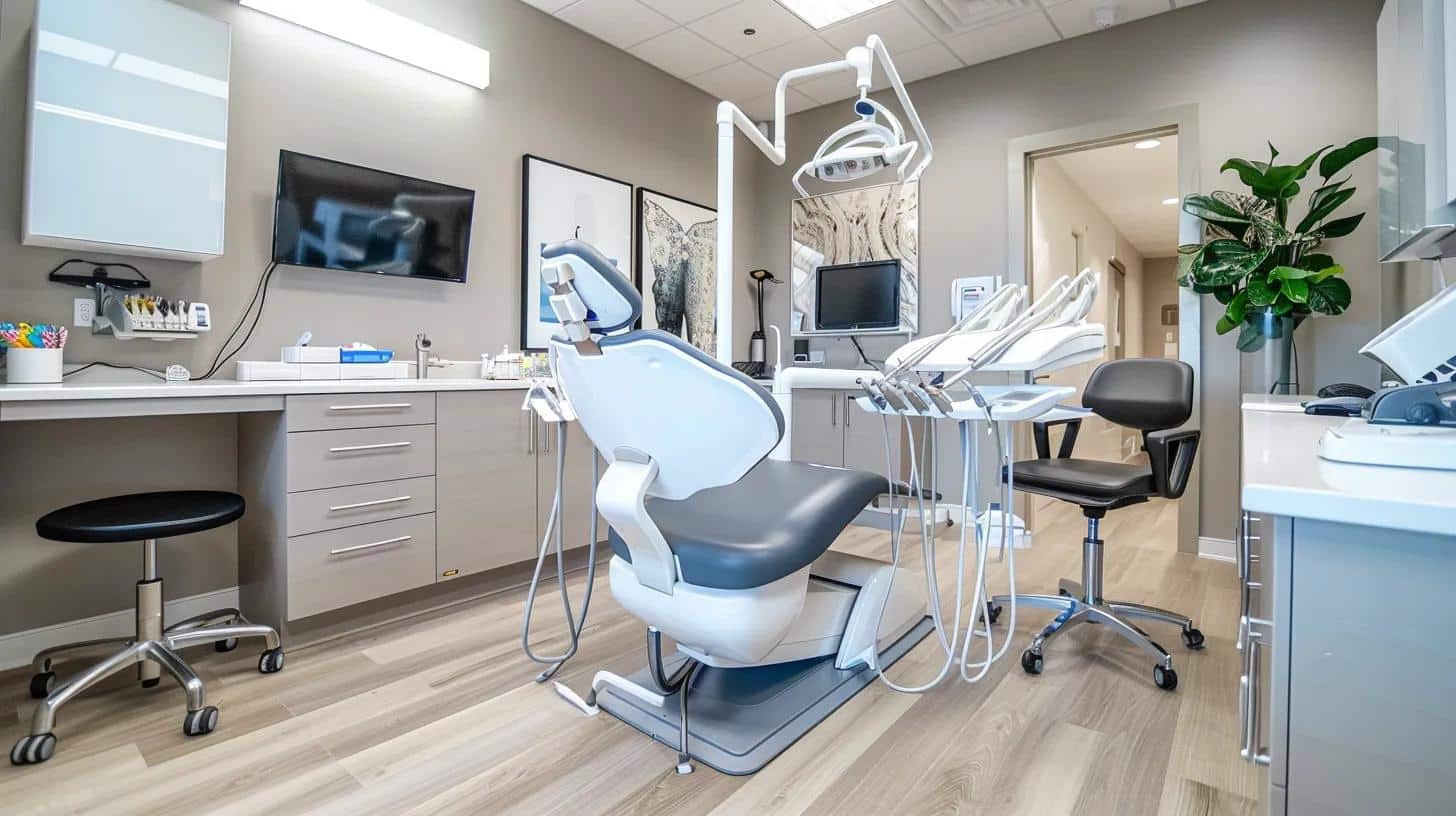 a modern dental clinic features a bright and sleek treatment room where a confident middle-aged patient admires their radiant smile in a large mirror, symbolizing the transformative advantages of dental implants through advanced technology and professional care.