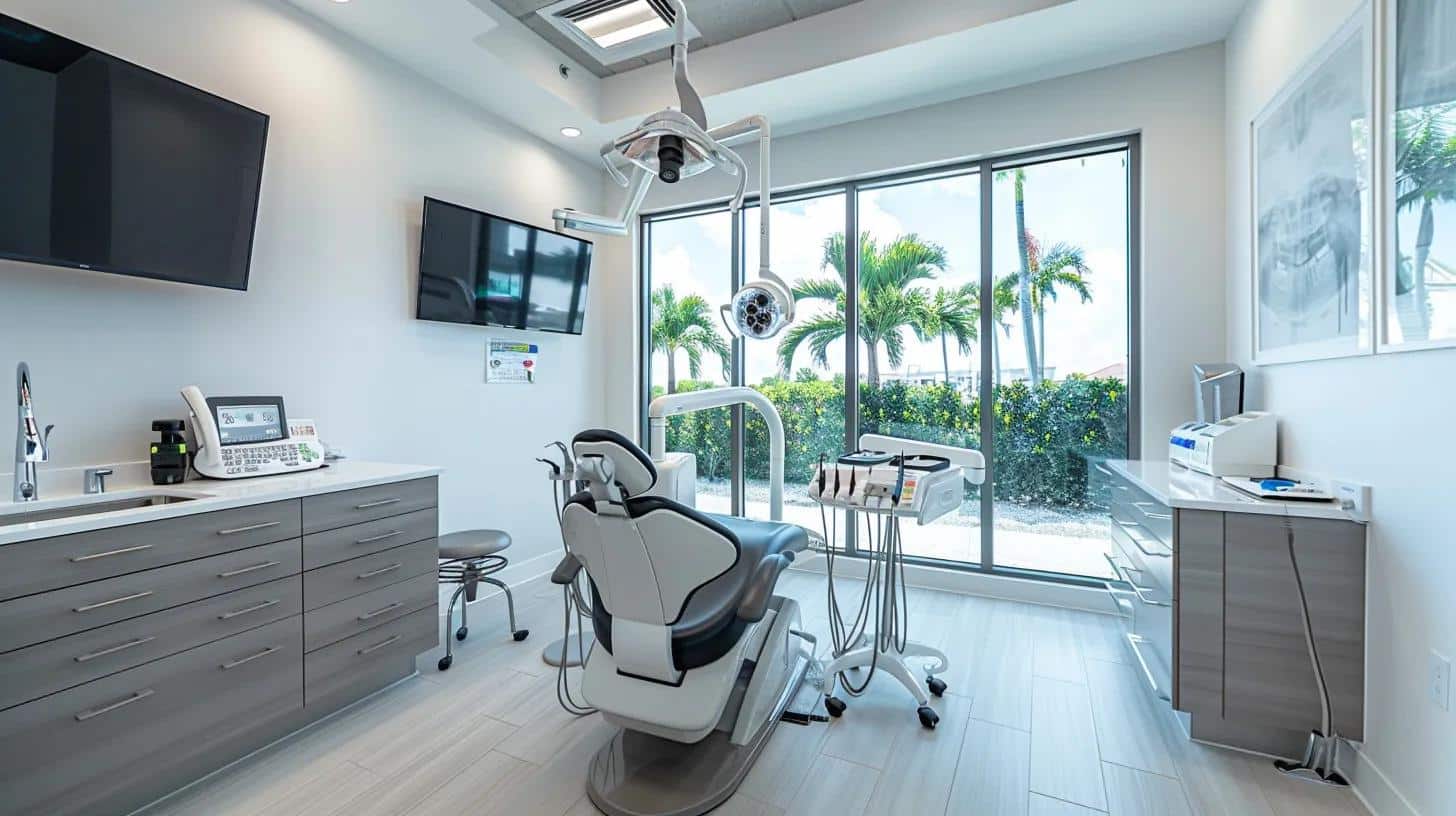 a modern dental clinic in lake worth features a sleek, high-tech consultation room with an expert dentist discussing the intricate details of dental implants with a patient, illuminated by bright, focused overhead lighting that highlights the advanced technology and comfortable surroundings.