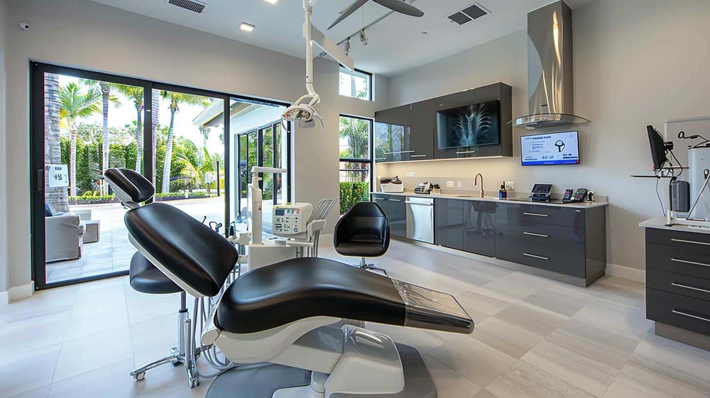 a modern dental clinic in lake worth, vividly illuminated with advanced equipment and a sleek, professional atmosphere, showcasing a patient&rsquo;s consultation for dental implants with a knowledgeable clinician engaged in discussion.