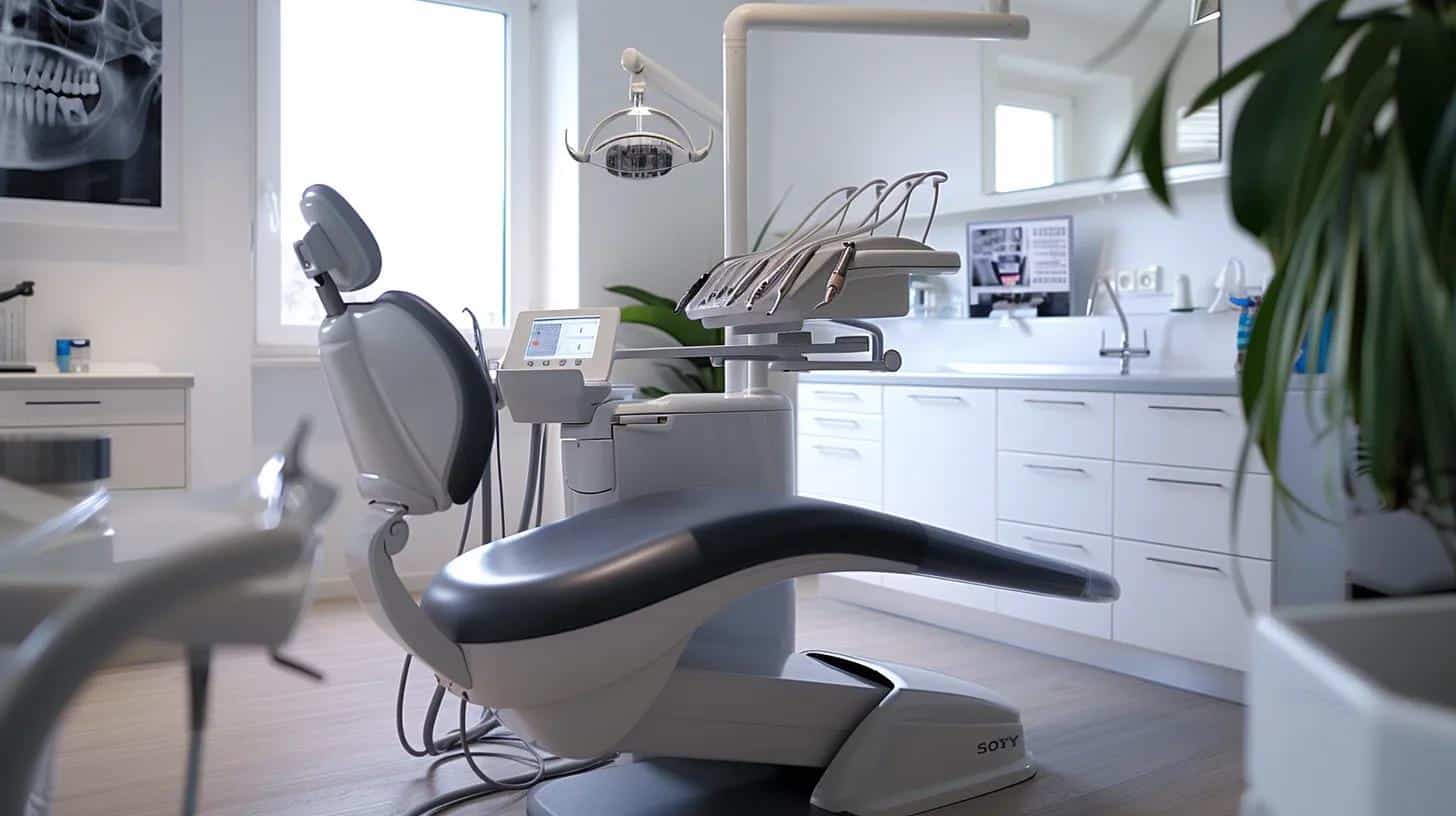 a modern dental clinic interior showcases a sleek dental chair and a dentist carefully examining a set of high-quality dentures, highlighting advanced materials and precision-fit adjustments in an atmosphere of proactive care and innovation.