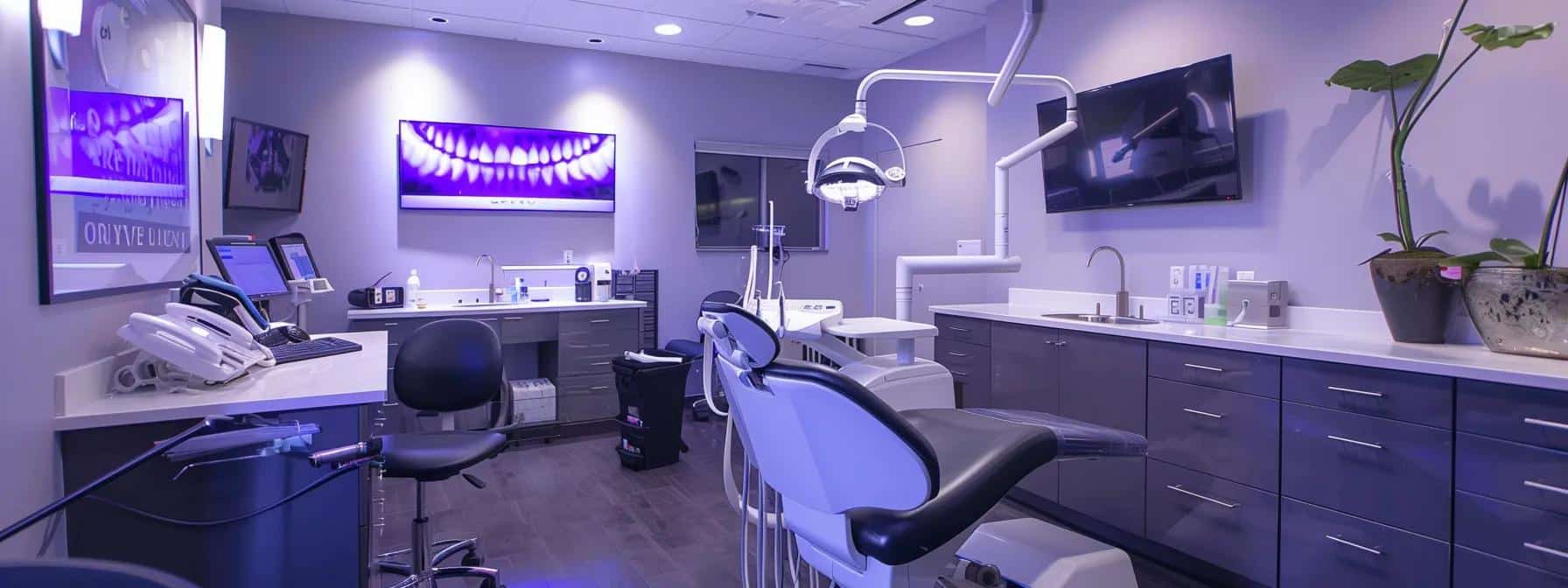 a modern dental consultation room in denton, featuring a friendly dental professional discussing tooth replacement options like dentures and dental implants with a patient, illuminated by soft artificial lighting that highlights advanced diagnostic tools on the sleek, minimalist desk.