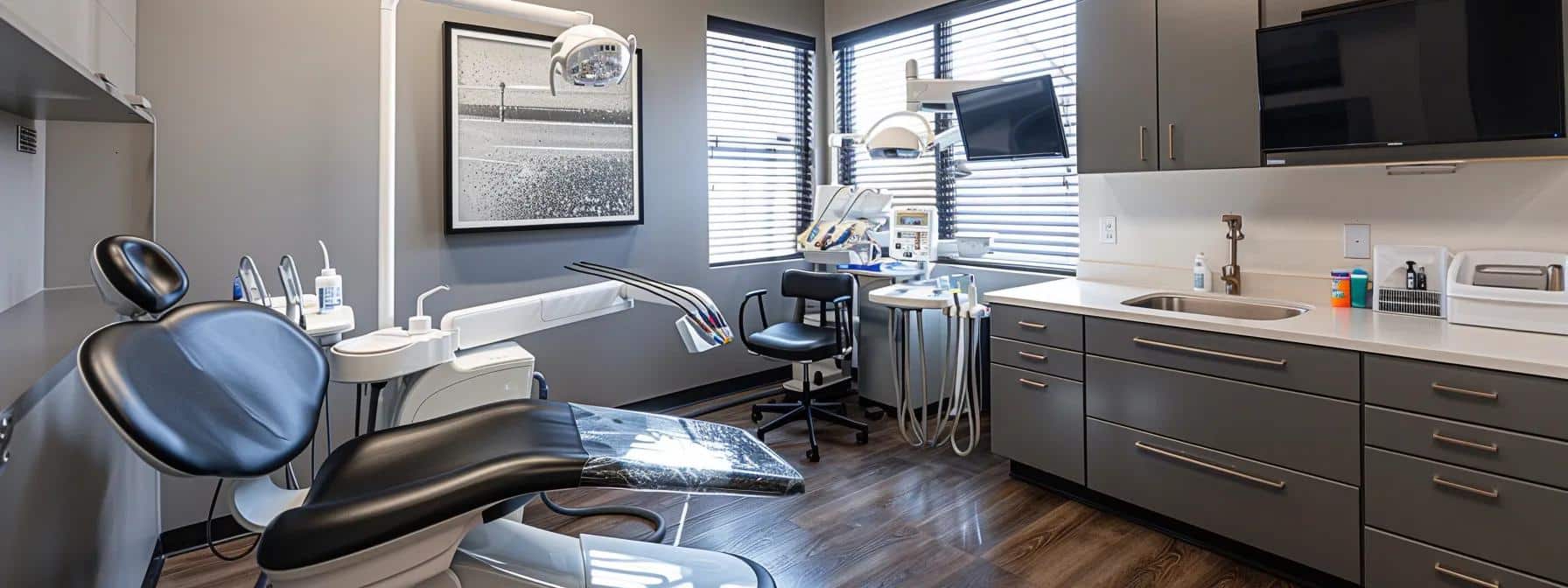 a modern dental consultation room in denton, featuring a bright, sleek design with a comfortable chair, advanced dental equipment, and a focused dentist discussing options for dental implants and dentures, emphasizing personalized care and patient confidence.