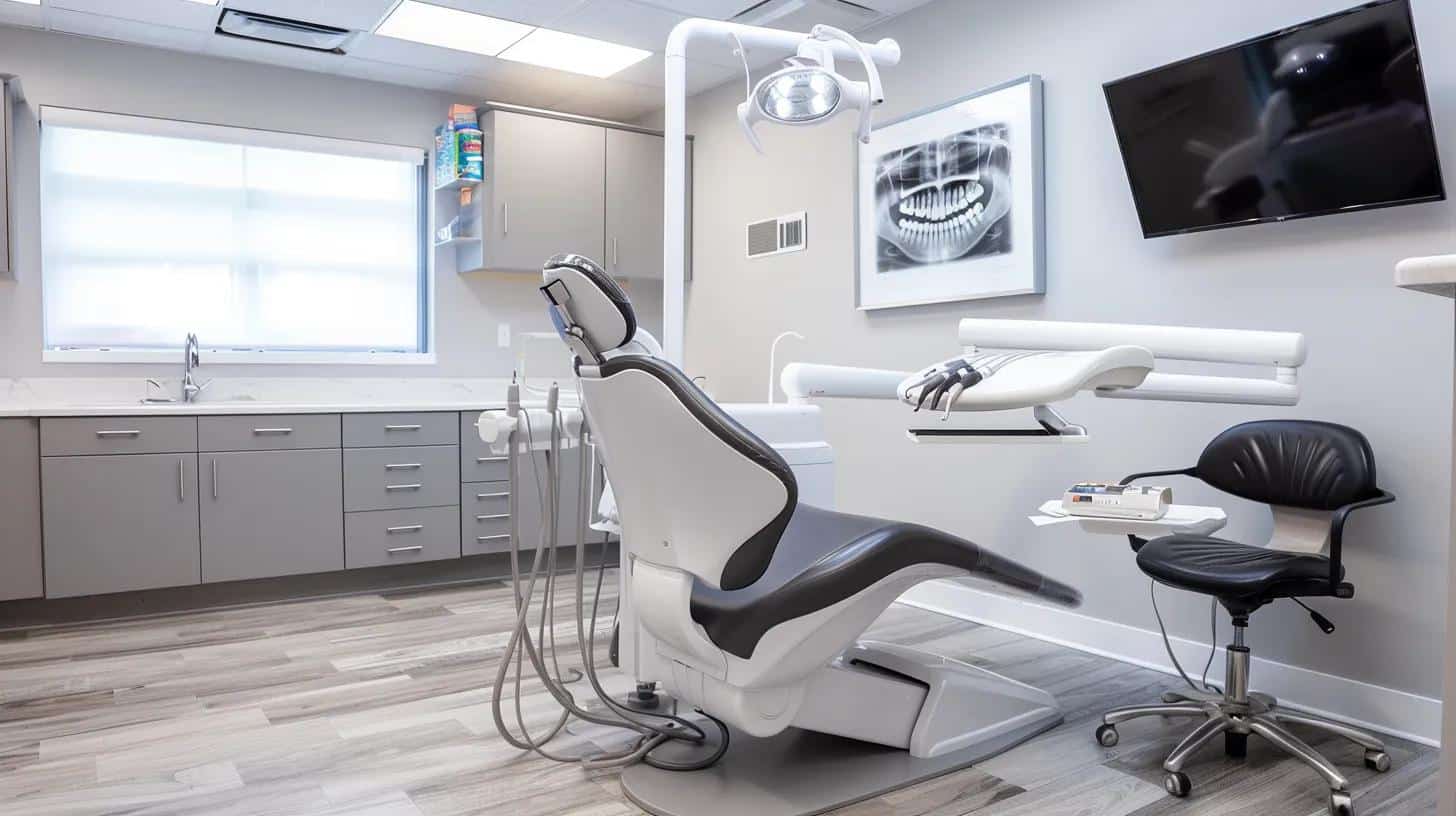 a modern dental consultation room featuring a comfortable patient chair, advanced dental equipment, and a large, informative display on denture care, conveying a sense of personalized care and professional support in a sleek, hygienic environment.