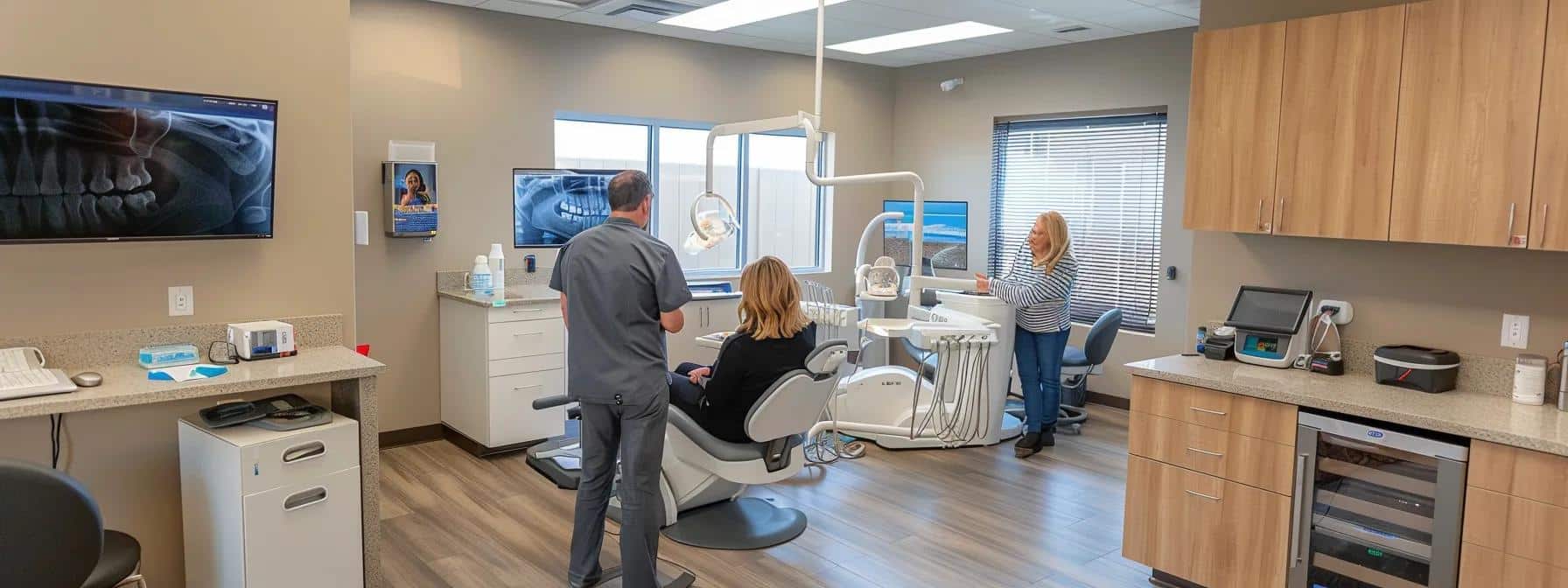 a modern dental office in denton, featuring state-of-the-art equipment and a warm, welcoming atmosphere, with an attentive dentist consulting a patient about denture options.