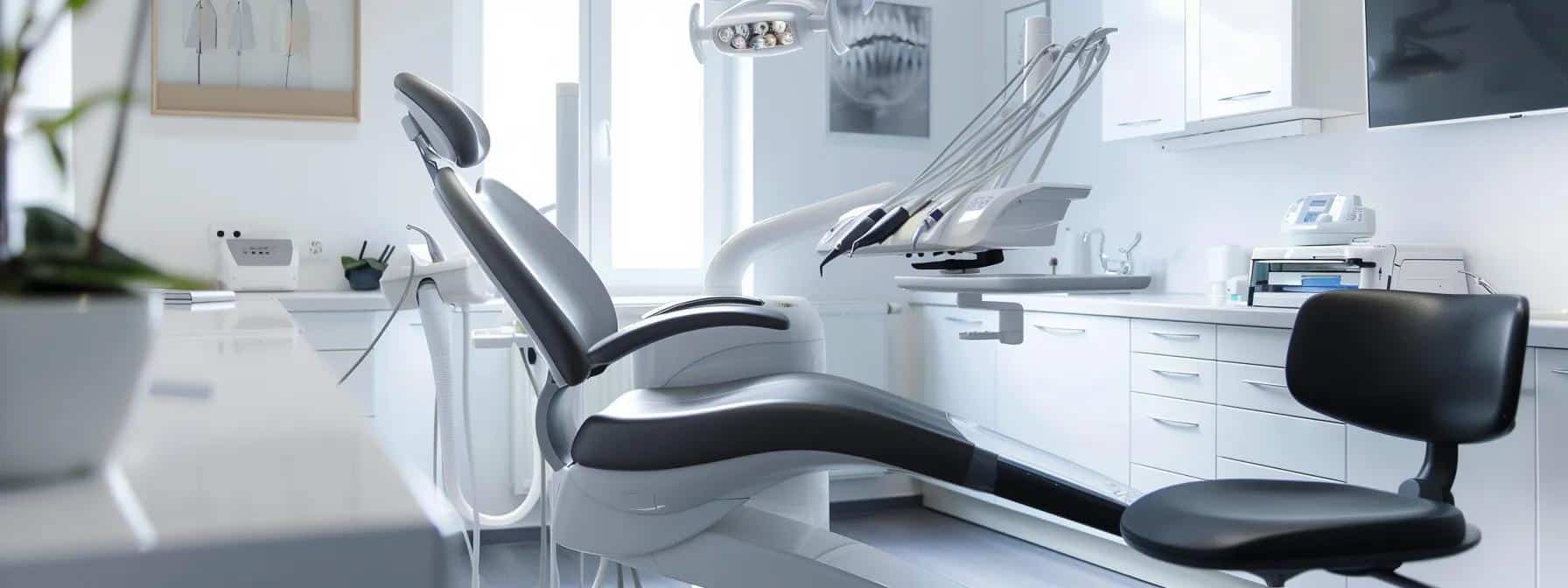 a modern dental office showcases a confident patient smiling widely while seated in a sleek, high-tech examination chair, highlighting advanced denture and implant restoration techniques in a bright, professional setting.
