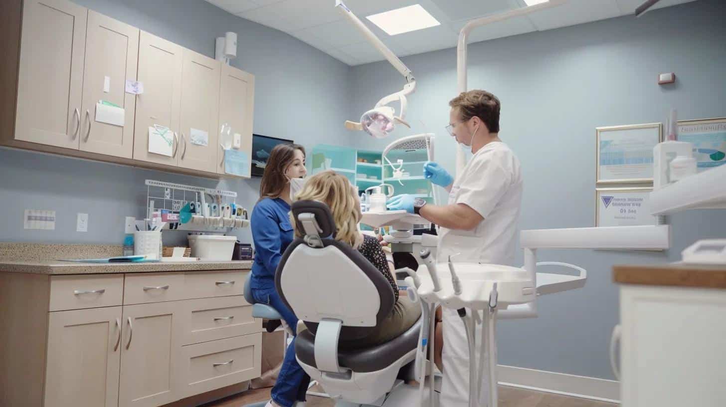 a modern dental office equipped with advanced technology, showcasing a patient discussing concerns about full dentures with a professional dentist while examining a detailed chart outlining common issues and solutions.