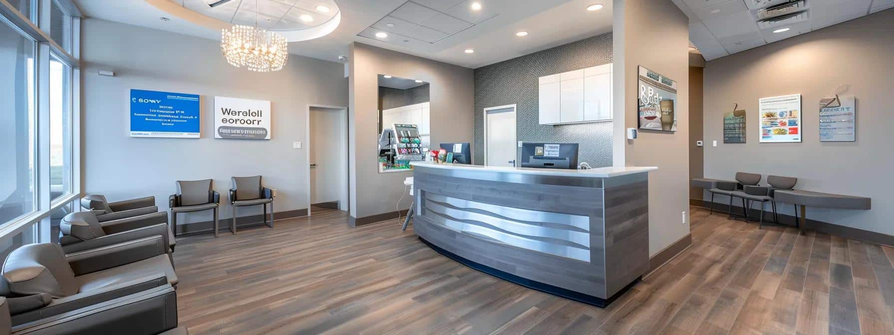a modern dental office in denton, texas, showcases a welcoming reception area with vibrant promotional materials highlighting affordable dentures and implants, illuminated by clear, artificial lighting that enhances the clean, professional atmosphere.
