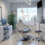 a modern dental office, featuring a sleek implant system display and a state-of-the-art examination chair, illuminated by bright, clinical lighting that highlights the advanced technology and professionalism of dental care.