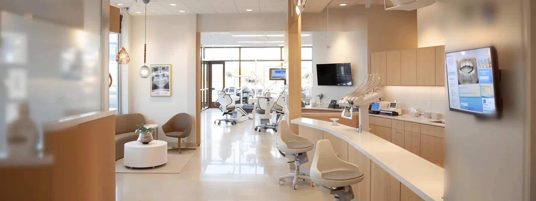a modern dental office interior showcases a confident patient discussing options with a knowledgeable dentist, surrounded by advanced dental technology and informative visuals on dentures and implants.
