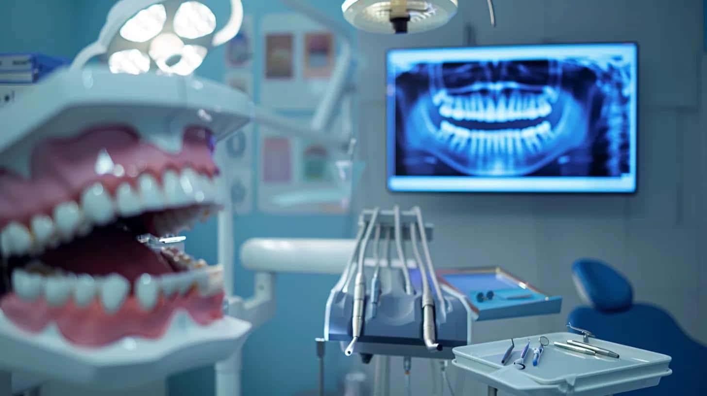 a modern dental office in lake worth is depicted with a surgical setup under bright clinical lighting, showcasing a dentist expertly placing a titanium dental implant into a patient's jaw using advanced digital imaging technology on a screen in the background.