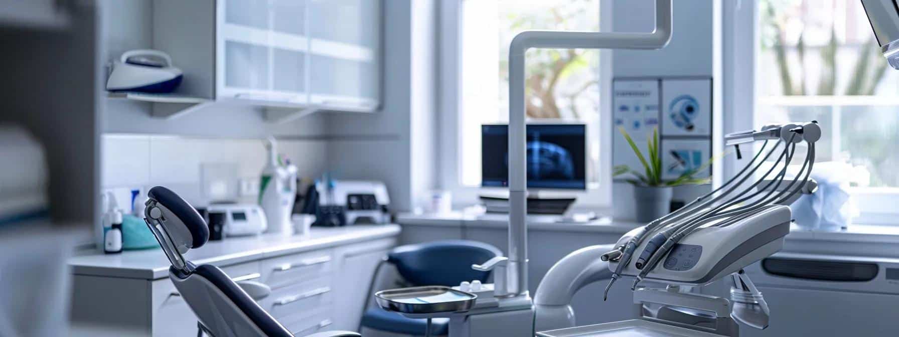 a modern, well-lit dental clinic showcases a smiling patient receiving a dental implant consultation from a professional, emphasizing the advanced technology and comfort of restorative dentistry.