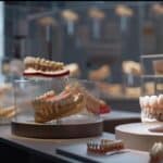 a polished dental clinic interior showcases a variety of realistic dentures displayed on elegant pedestals, illuminated by soft, focused lighting that highlights their intricate designs and materials.