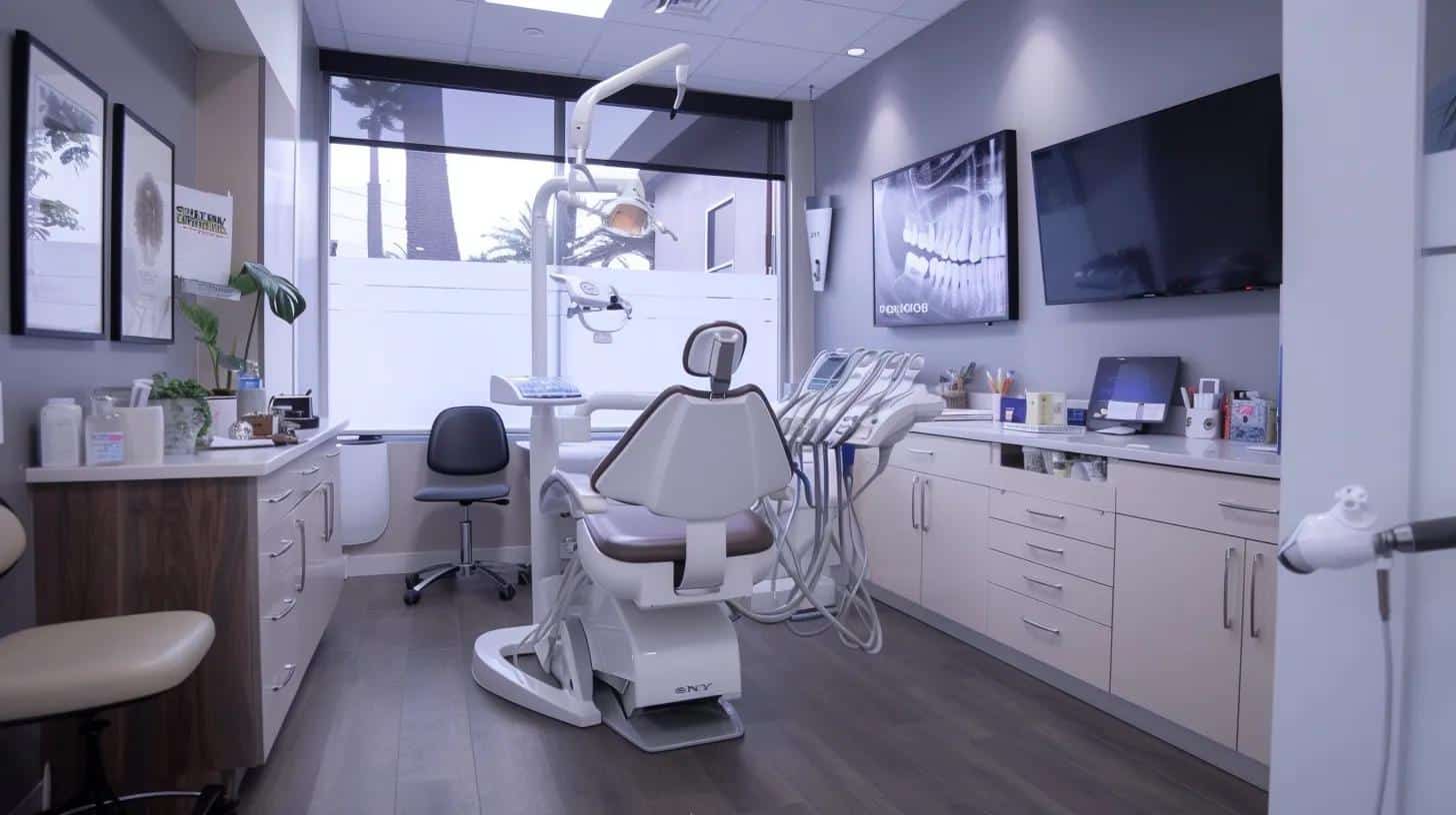 a polished dental office featuring dr. sam khoury confidently discussing dental implant options with a patient in a bright, modern consultation room, showcasing advanced equipment and a welcoming ambiance.
