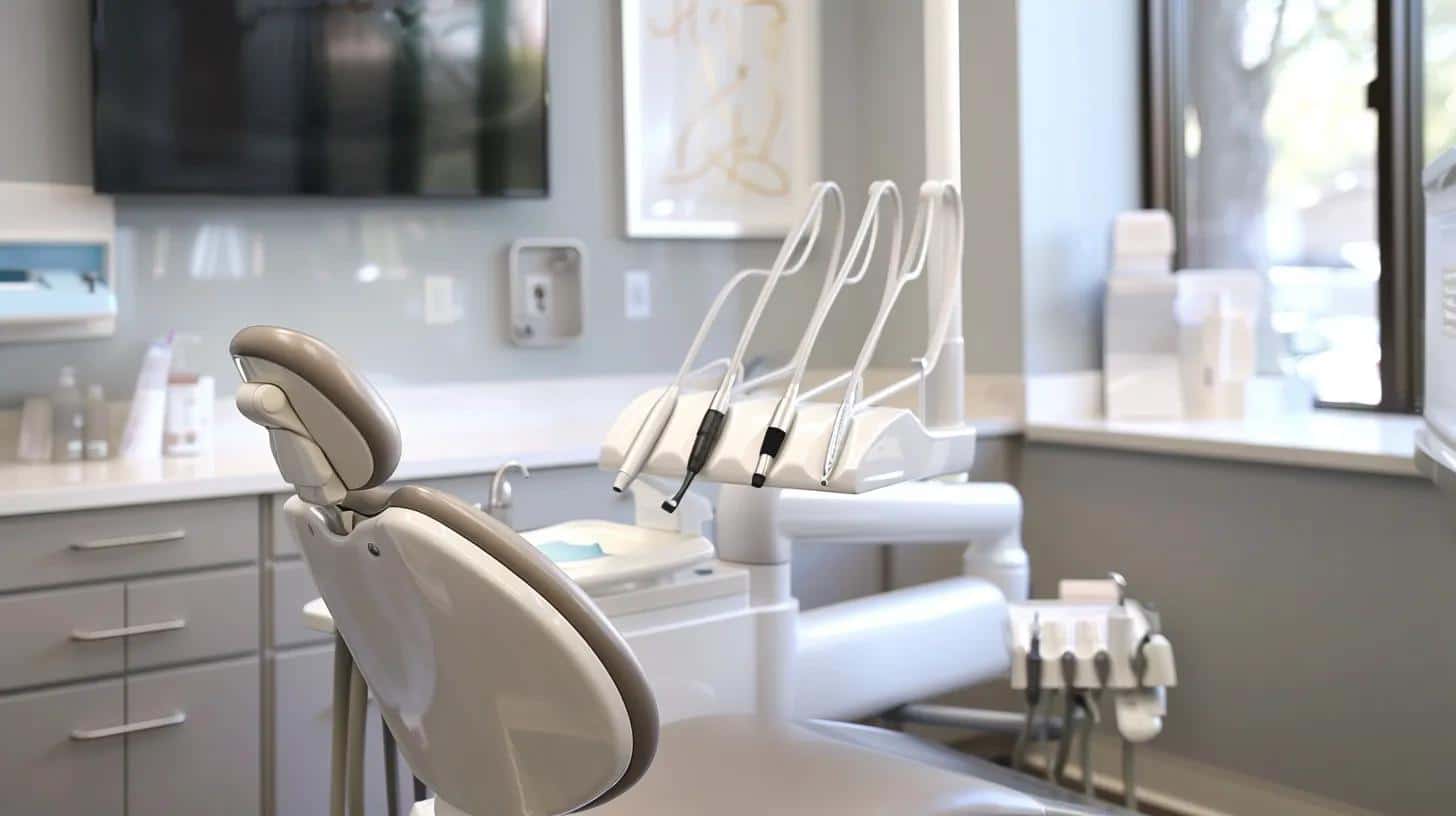 a polished dental office setting features an elegant dental chair and specialized tools neatly arranged on a countertop, highlighting the importance of meticulous maintenance and oral hygiene for dental implants.