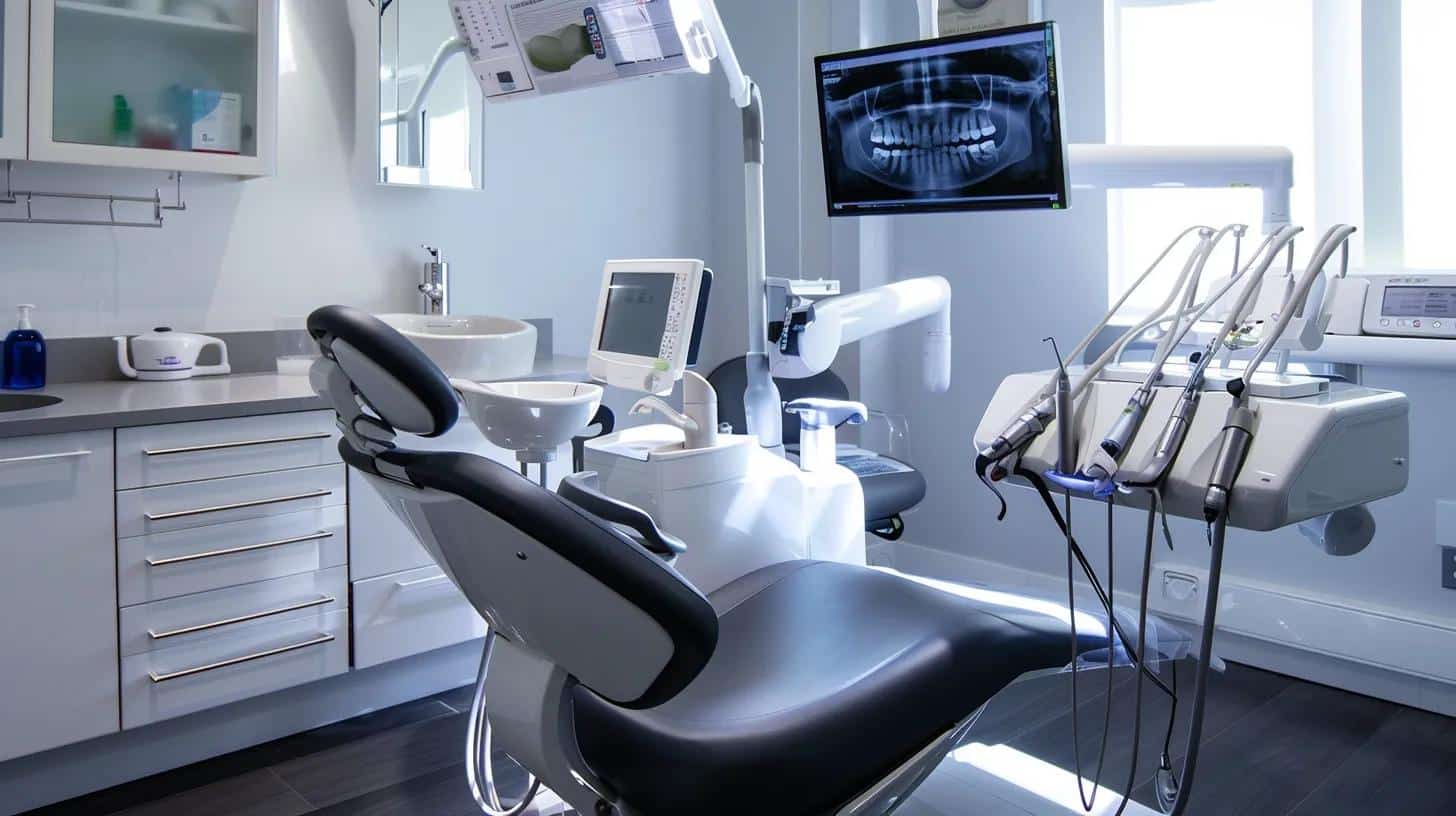 a professional dental office setting showcases a patient in a comfortable chair while a dentist demonstrates the proper fitting and adjustment of dentures, emphasizing the critical first steps in the adaptation process.