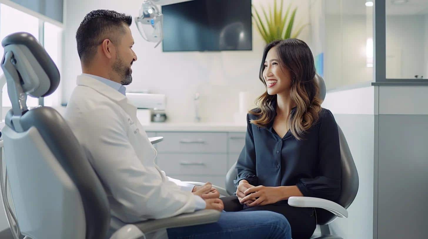 a professional dental office setting showcases a confident patient seated in a modern chair, attentively listening to a compassionate dentist as they discuss common questions and solutions regarding denture fit adjustments.