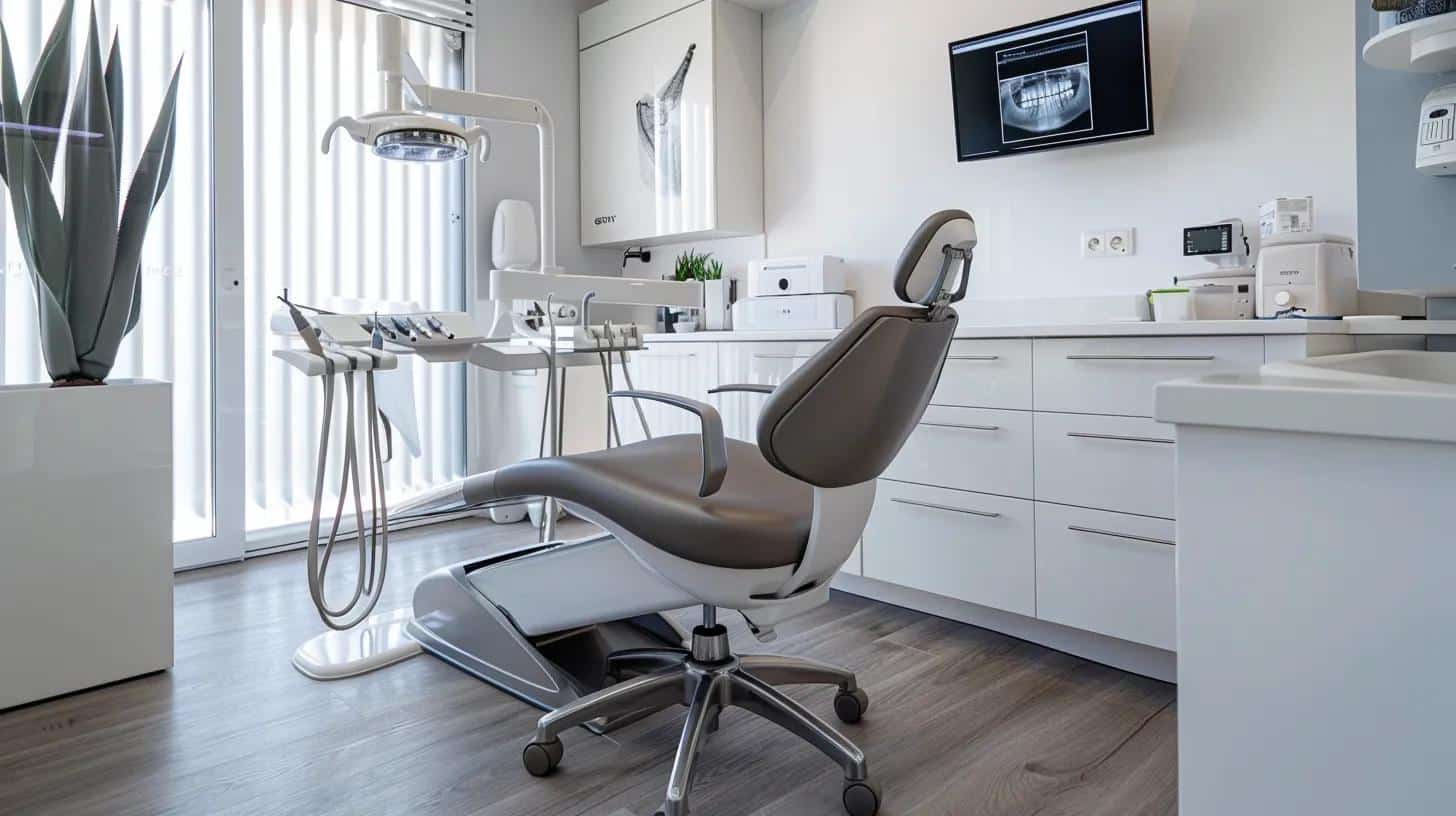 a sleek dental clinic interior showcases a modern dental chair and advanced digital design equipment, highlighting the intricate process of creating precise veneers that closely mimic natural tooth contours, emphasizing their role in maintaining proper speech articulation.