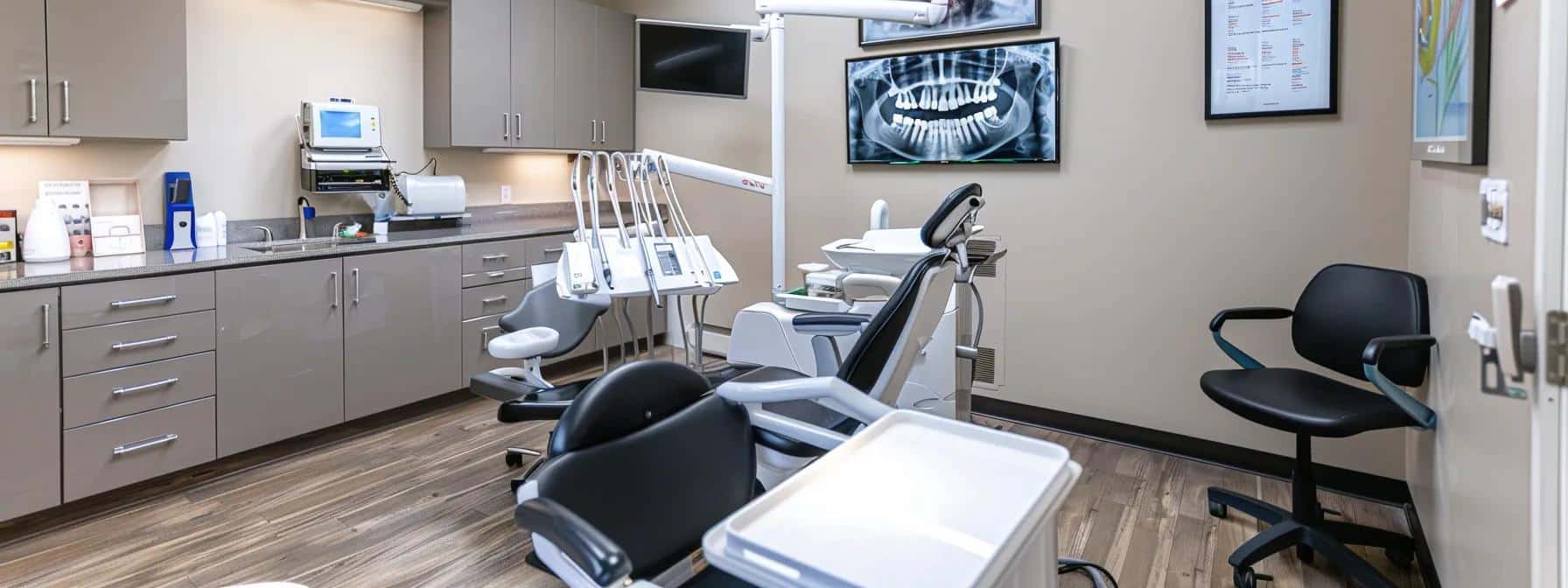 a sleek dental clinic in denton, featuring a modern examination room with high-tech imaging equipment and a confident patient displaying a flawless, radiant smile, emphasizing the expertise in dental implants.