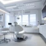 a sleek dental clinic interior showcases a modern consultation area with an ultra-thin denture displayed prominently under soft, focused lighting, emphasizing its innovative design and craftsmanship.