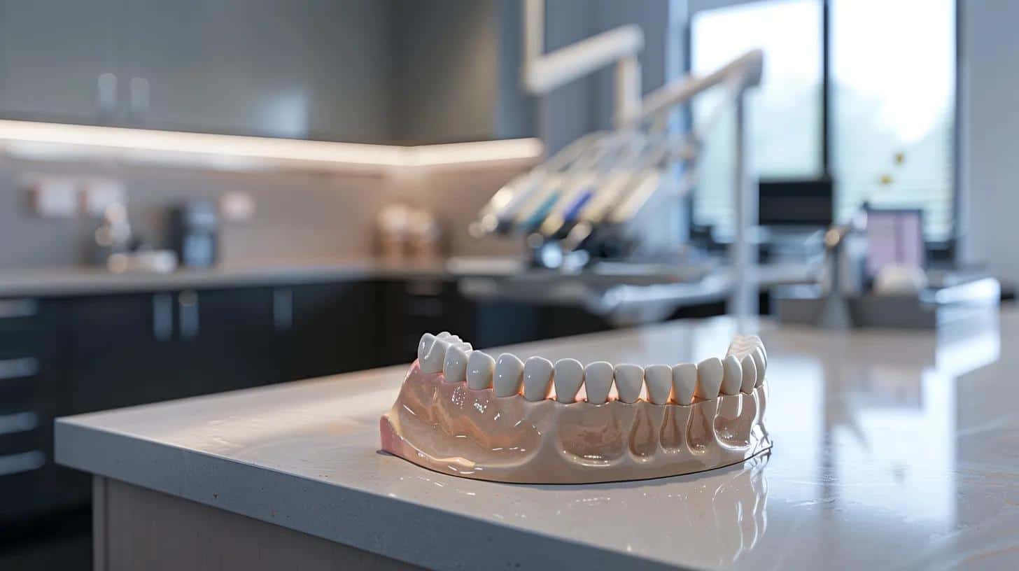 a sleek dental clinic showcases a well-lit, modern treatment room featuring a detailed partial denture model displayed prominently on a polished counter, emphasizing the importance of preserving natural teeth while providing effective dental solutions.
