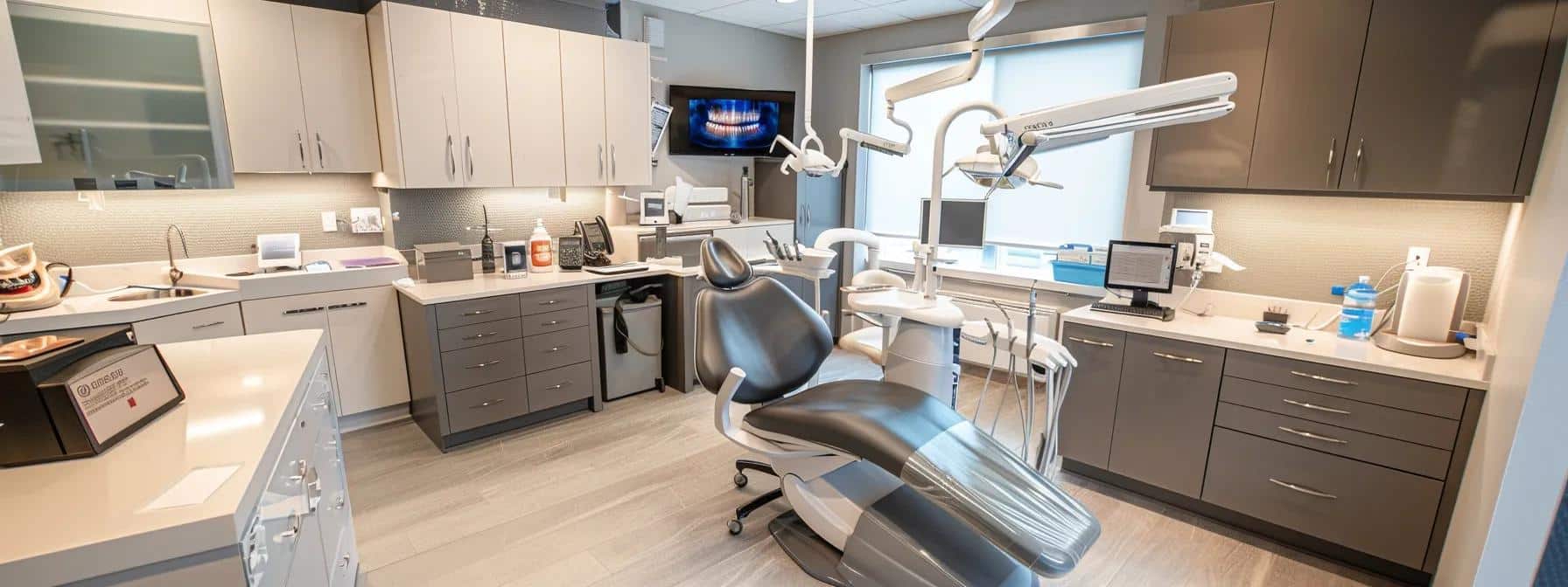 a sleek dental consultation room in denton features a modern dental chair and an array of realistic denture models displayed on a polished countertop, highlighting the variety of options available for patients seeking solutions for missing teeth.