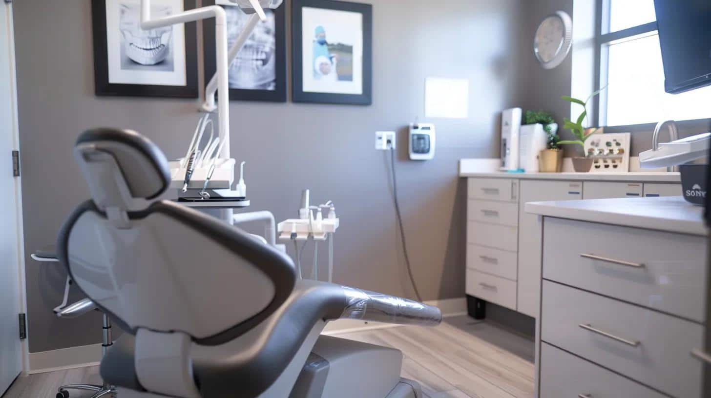 a sleek dental consultation room features a confident patient engaging in a detailed discussion with a knowledgeable dentist, highlighted by modern dental models of dentures and implants on the polished table, emphasizing clarity and informed decision-making.
