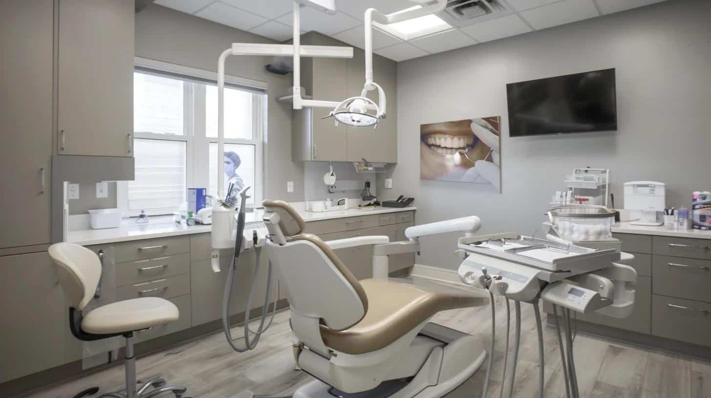 a sleek dental consultation room features a confident patient discussing ultra-thin dentures with a knowledgeable dentist, surrounded by modern dental equipment and vibrant visual aids addressing common questions about durability, comfort, and customization.