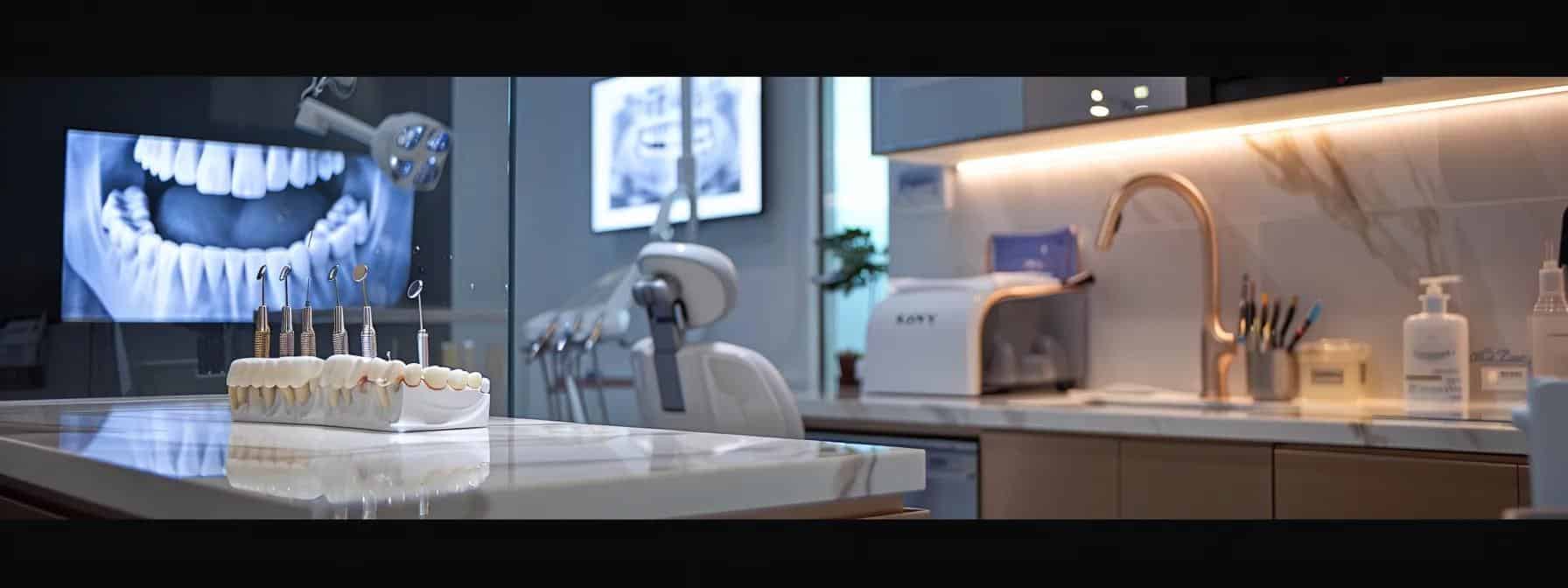 a modern dental clinic in lake worth, featuring advanced equipment and a sleek design, showcasing a dentist consulting with a patient about the dental implant process in a bright, professional setting.