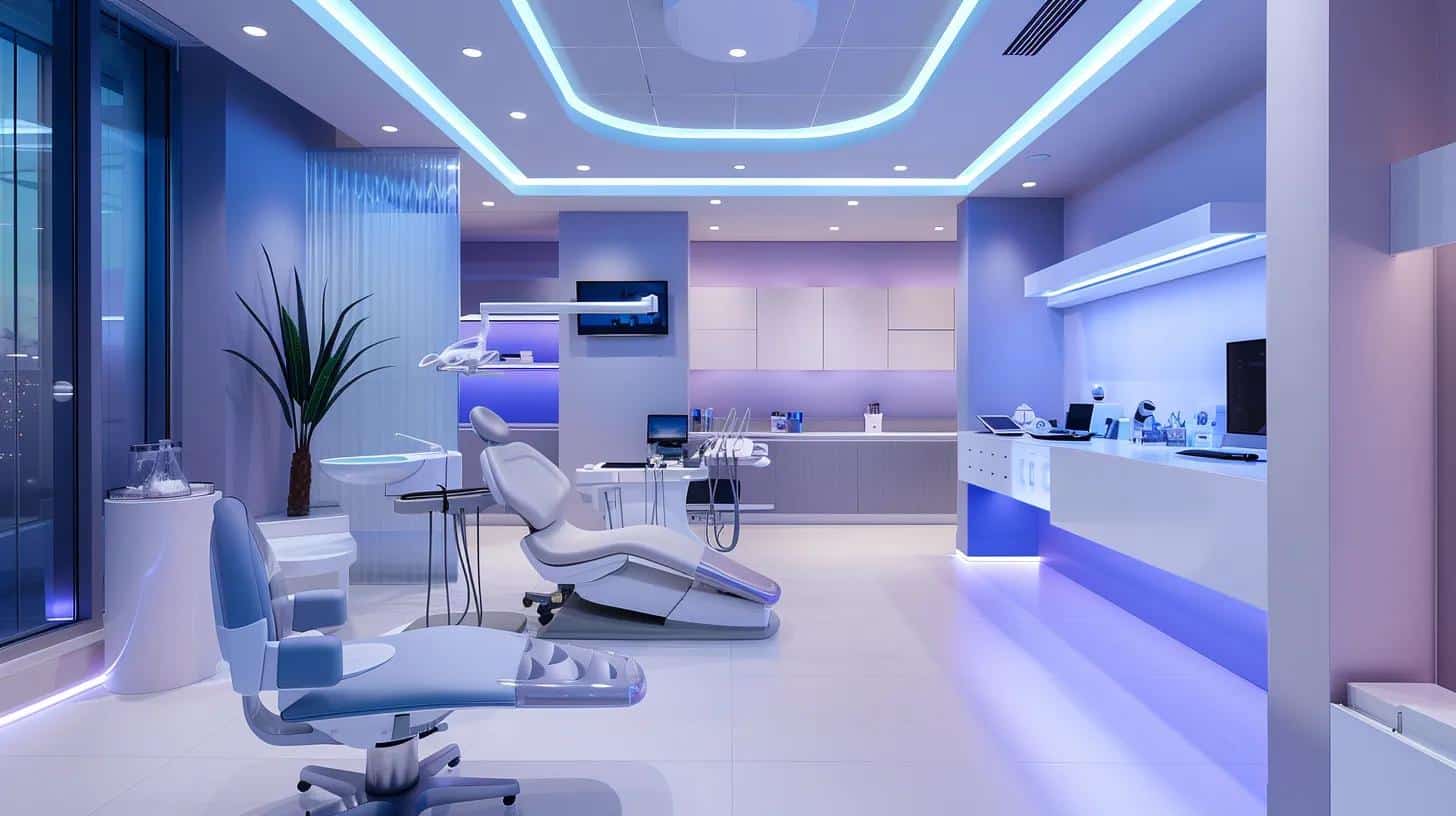 a sleek, modern dental clinic interior featuring a state-of-the-art dental implant model displayed prominently, with polished surfaces and soft, ambient lighting that highlights its realistic design, emphasizing the benefits of aesthetics and functionality.